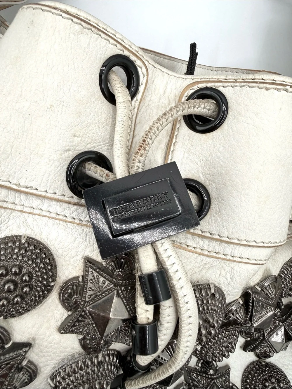 Burberry White Leather Studded Warrior Bag